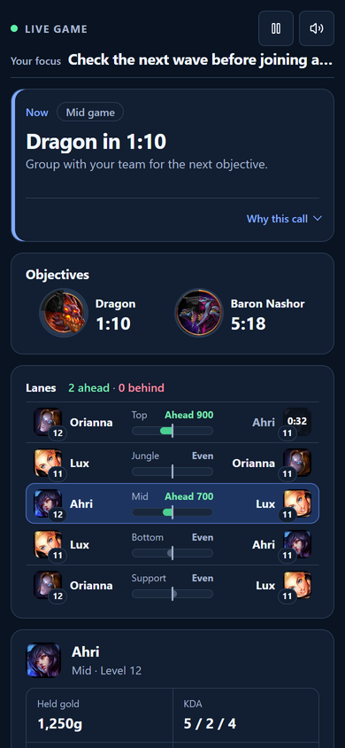 Clutch's Phone or tablet screen on a phone held upright: your focus at the top, a Dragon in 1:10 Now call, Dragon and Baron Nashor timers, and each lane against the enemy lane.