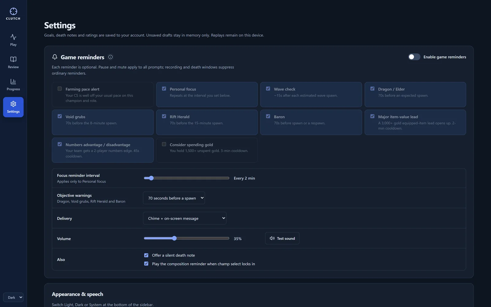 Clutch's settings screen, including reminder toggles and how each cue family has been rated.